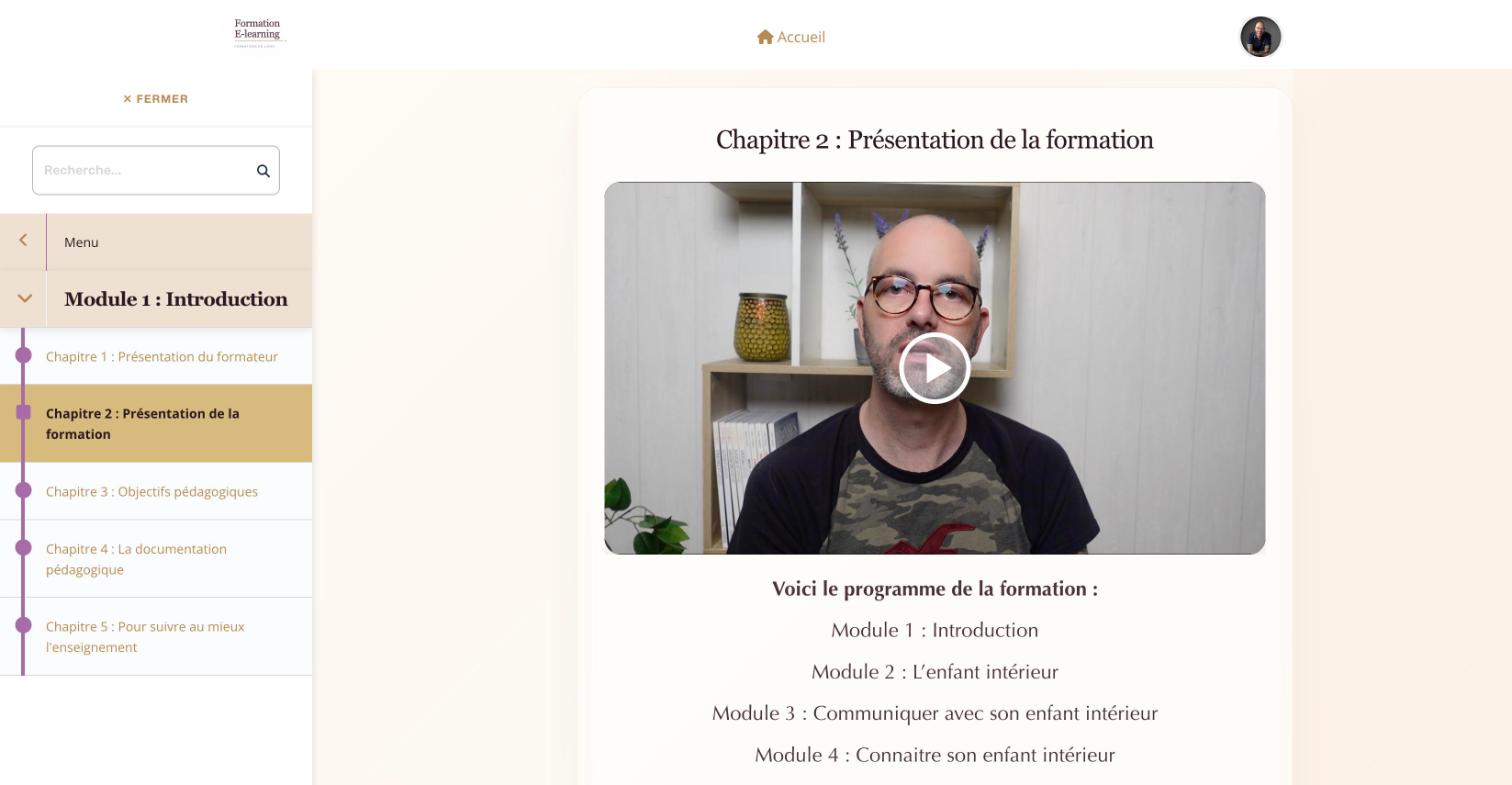 Le menu du module 1, Introduction, la vidéo de présentation et le programme de la formation.
