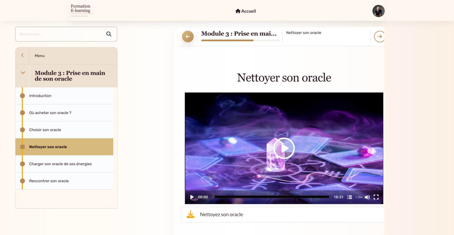Le menu du module 3, Prise en main de son oracle, et la vidéo « Nettoyer son oracle ».