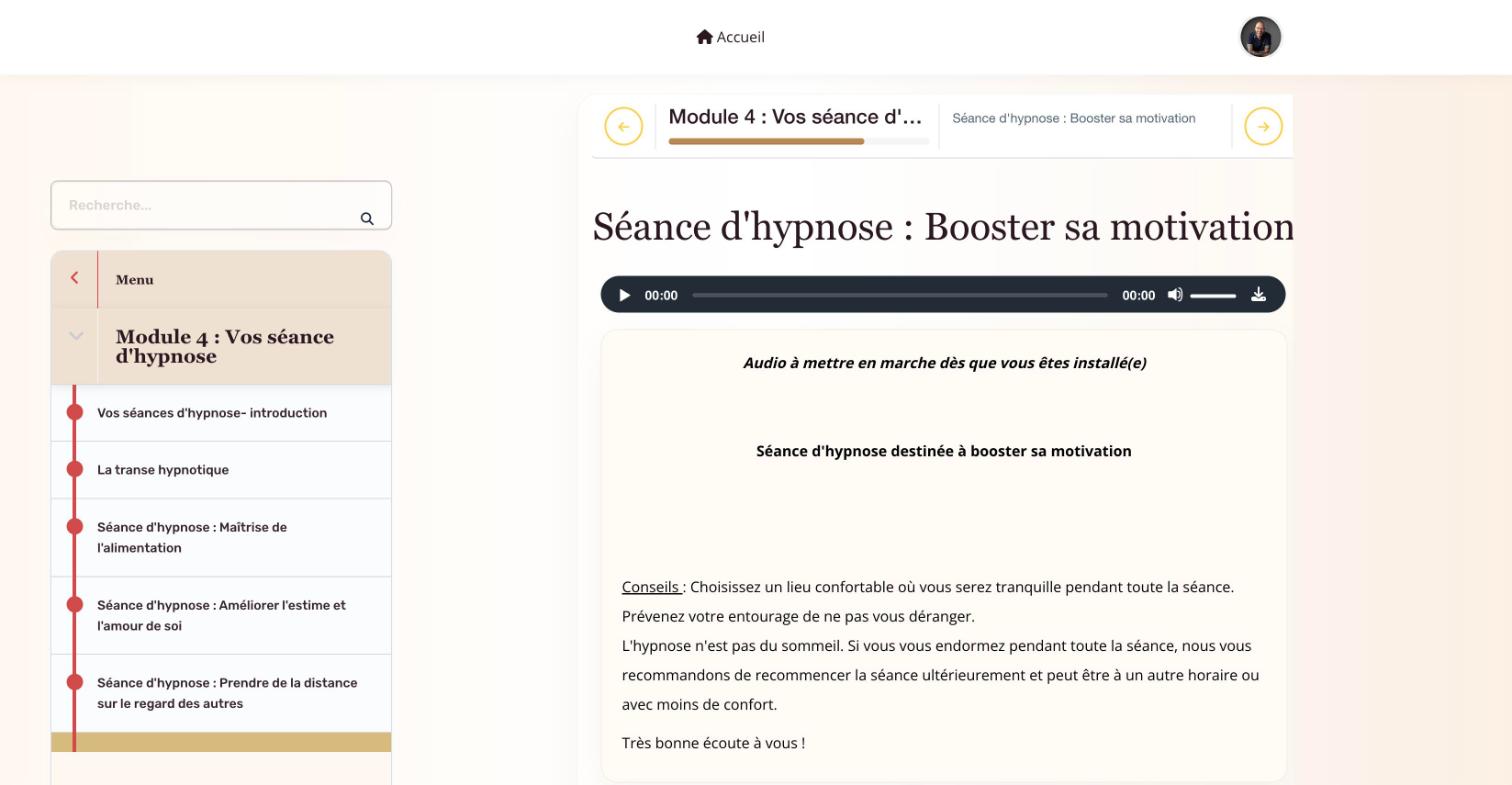Le menu du module 4, Vos séances d'hypnose, et l'audio « Booster sa motivation » avec ses conseils d'écoute.