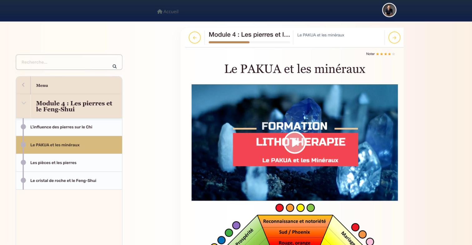 Le menu du module 4, Les pierres et le Feng-Shui, et la vidéo « Le PAKUA et les minéraux ».