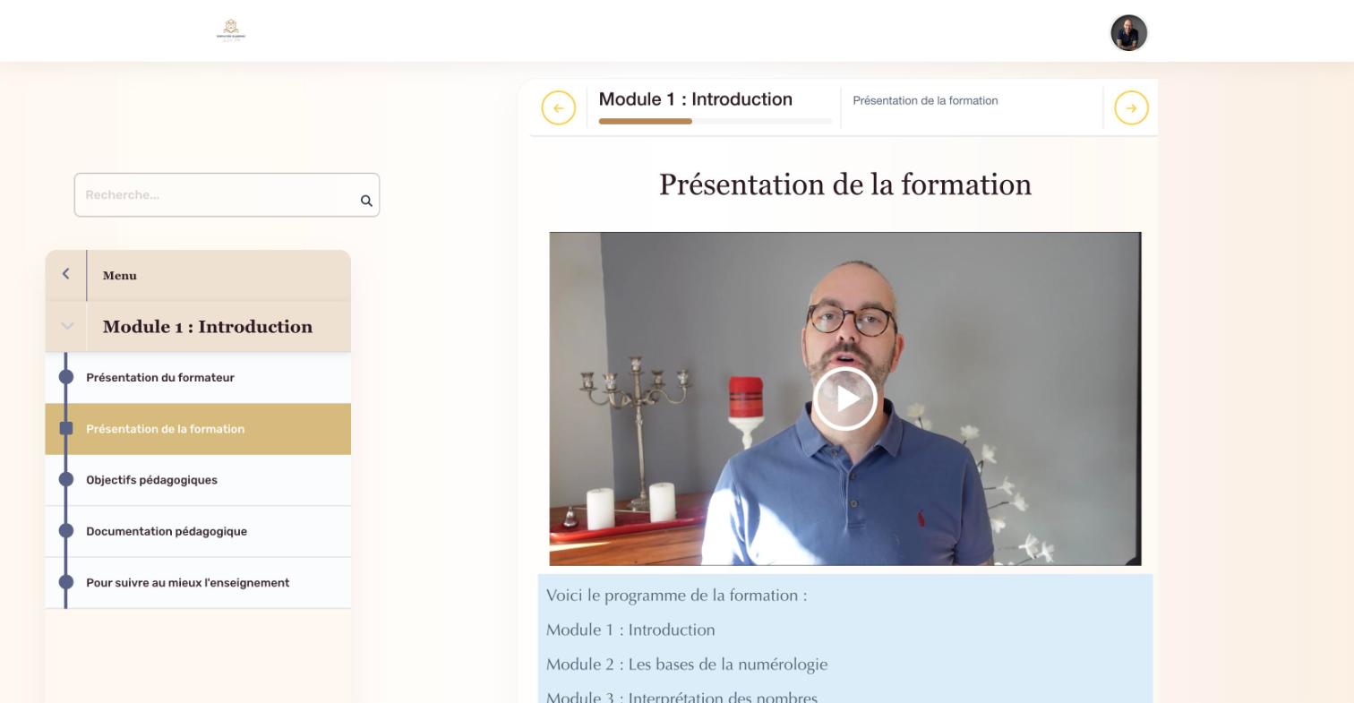Le menu du module 1, Introduction, la vidéo de présentation et le programme de la formation.