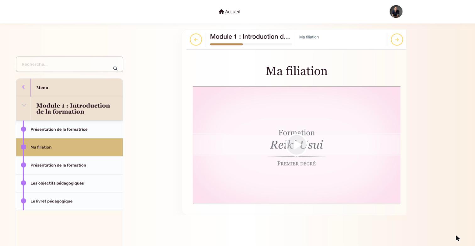 Le menu du module 1, Introduction de la formation, et la vidéo « Ma filiation ».