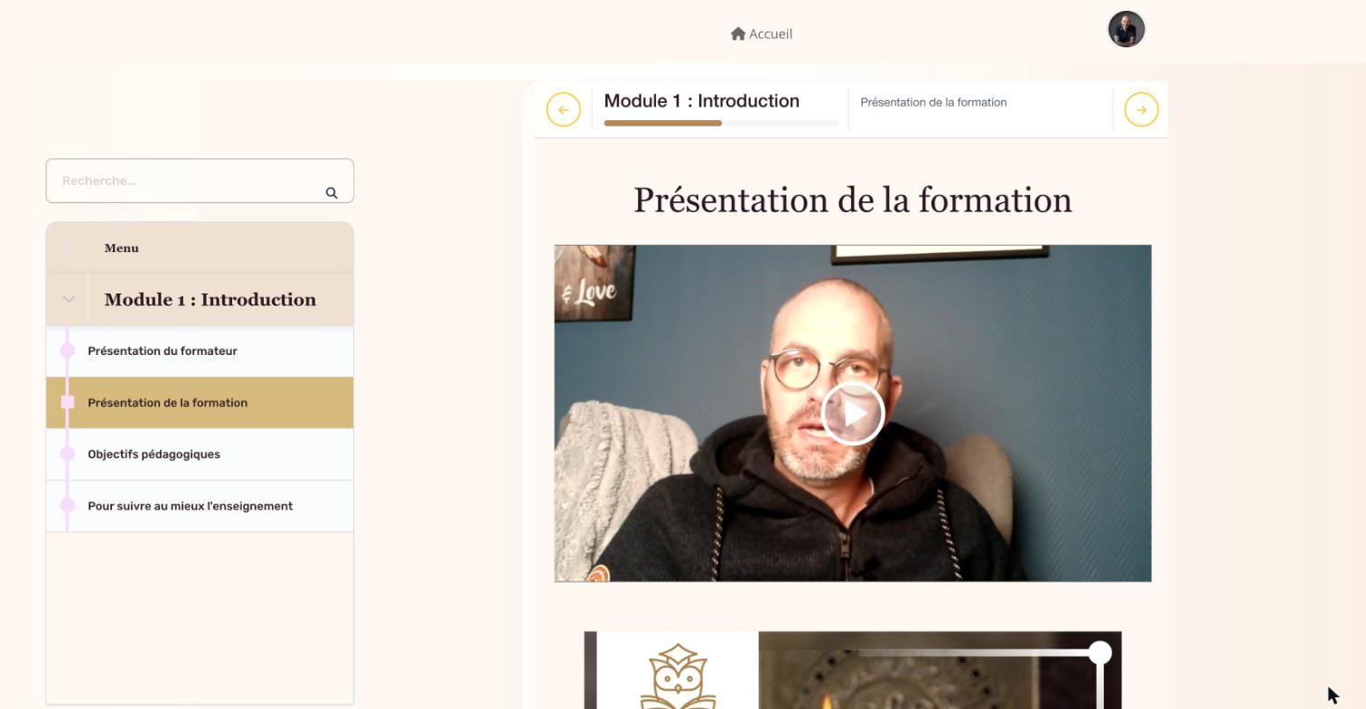 Le menu des leçons du module 1, Introduction, et la vidéo de présentation de la formation.