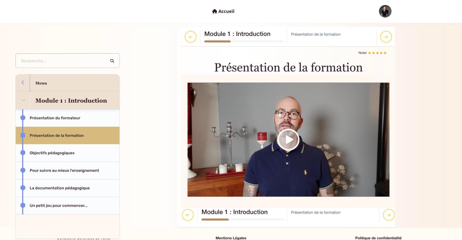 Le menu des leçons du module 1, Introduction, et la vidéo de présentation de la formation.