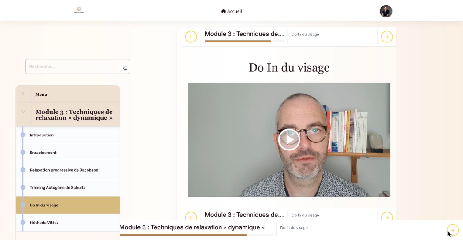 Le menu du module 3, Techniques de relaxation « dynamique », et la vidéo « Do In du visage ».