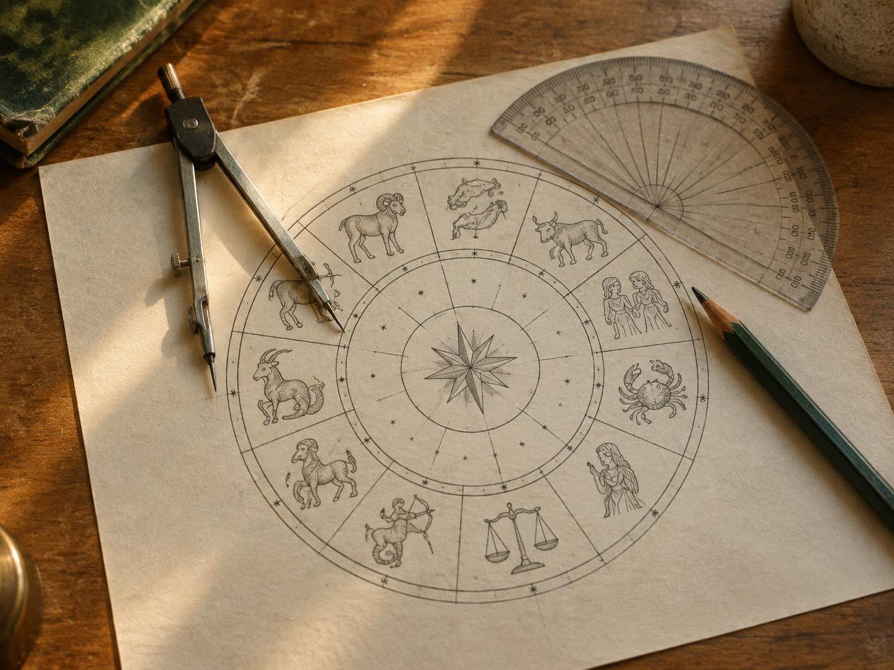 Vue de dessus : des mains tracent des lignes au crayon sur une carte du ciel