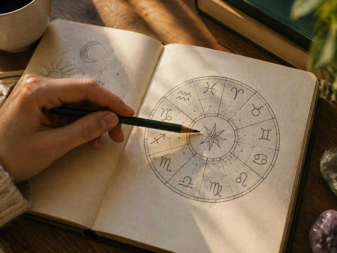 Une main trace un axe au crayon sur une roue astrologique dessinée