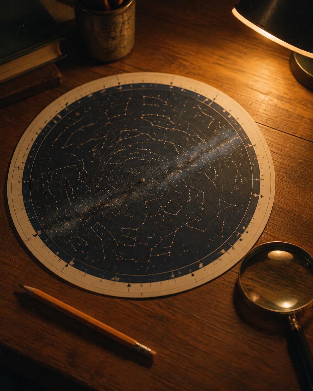 Une carte du ciel dessinée à la main sur un bureau, un compas et une lampe