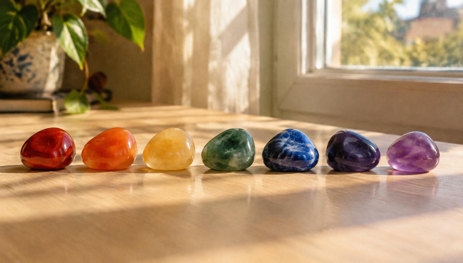 Sept pierres de couleur alignées sur une table claire près d'une fenêtre