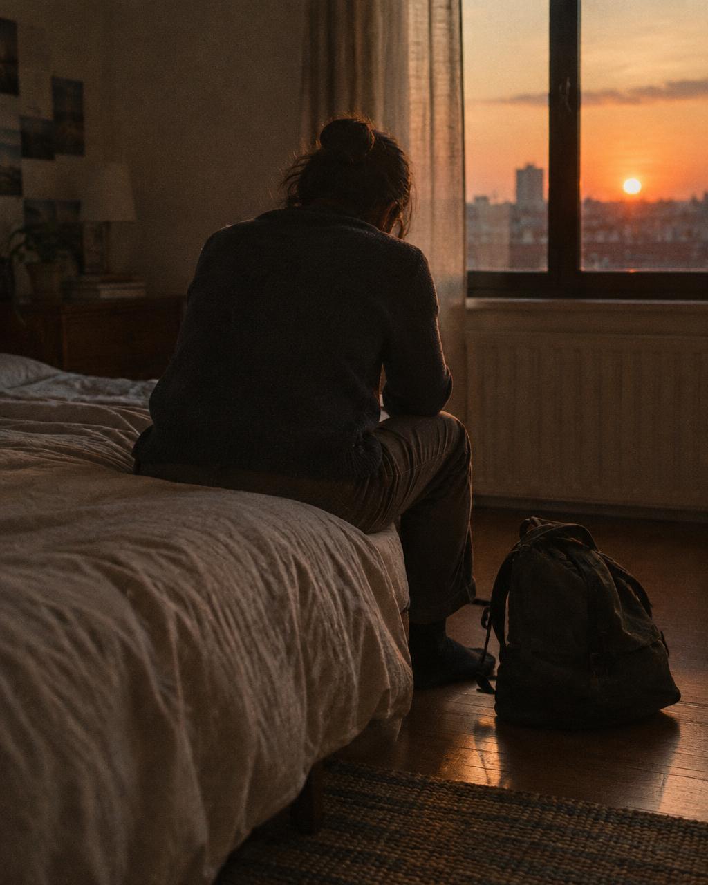 Une personne assise au bord d'un lit en fin de journée, de dos, un sac posé au sol