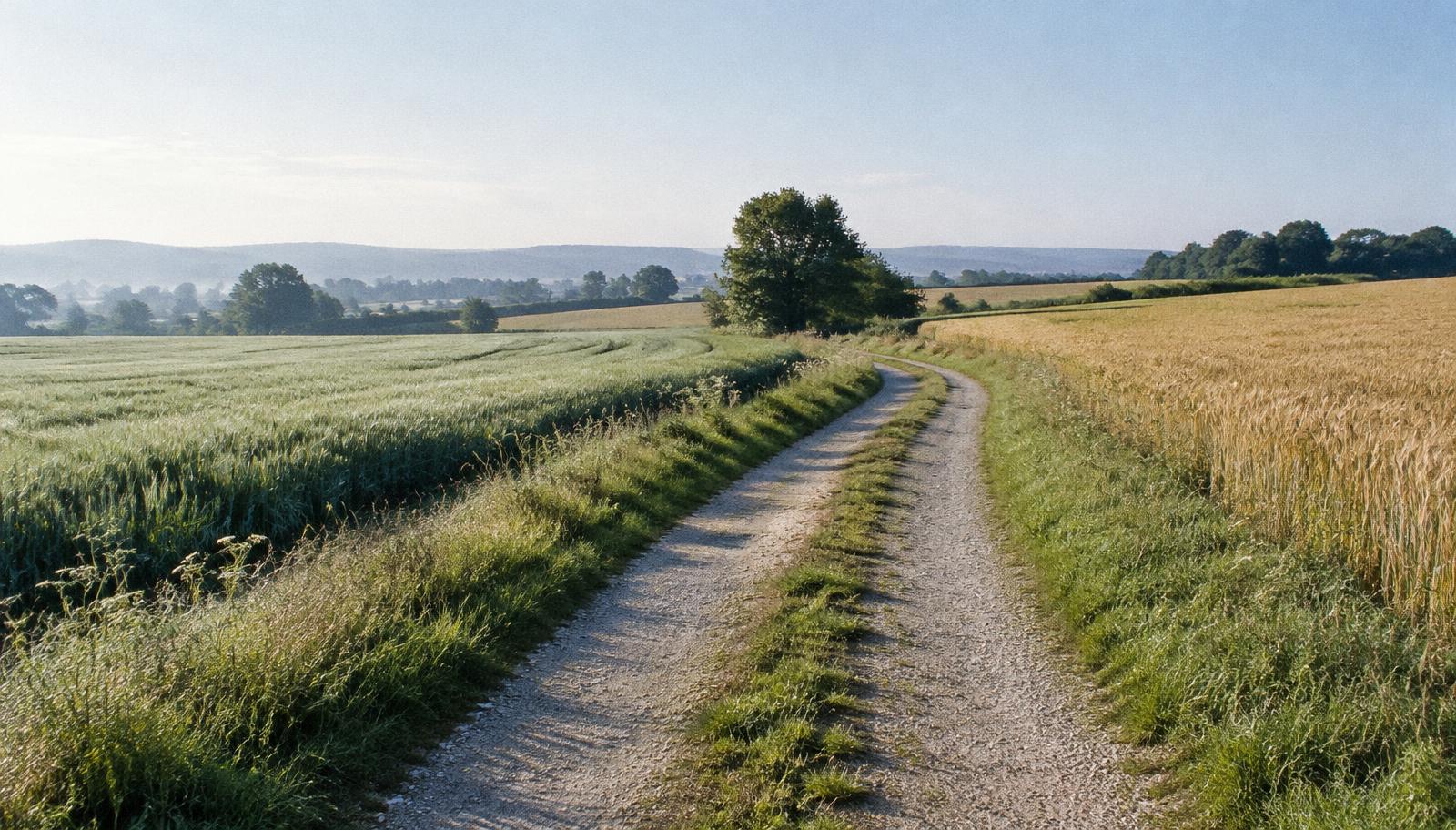Un chemin de campagne au matin, une barrière ouverte