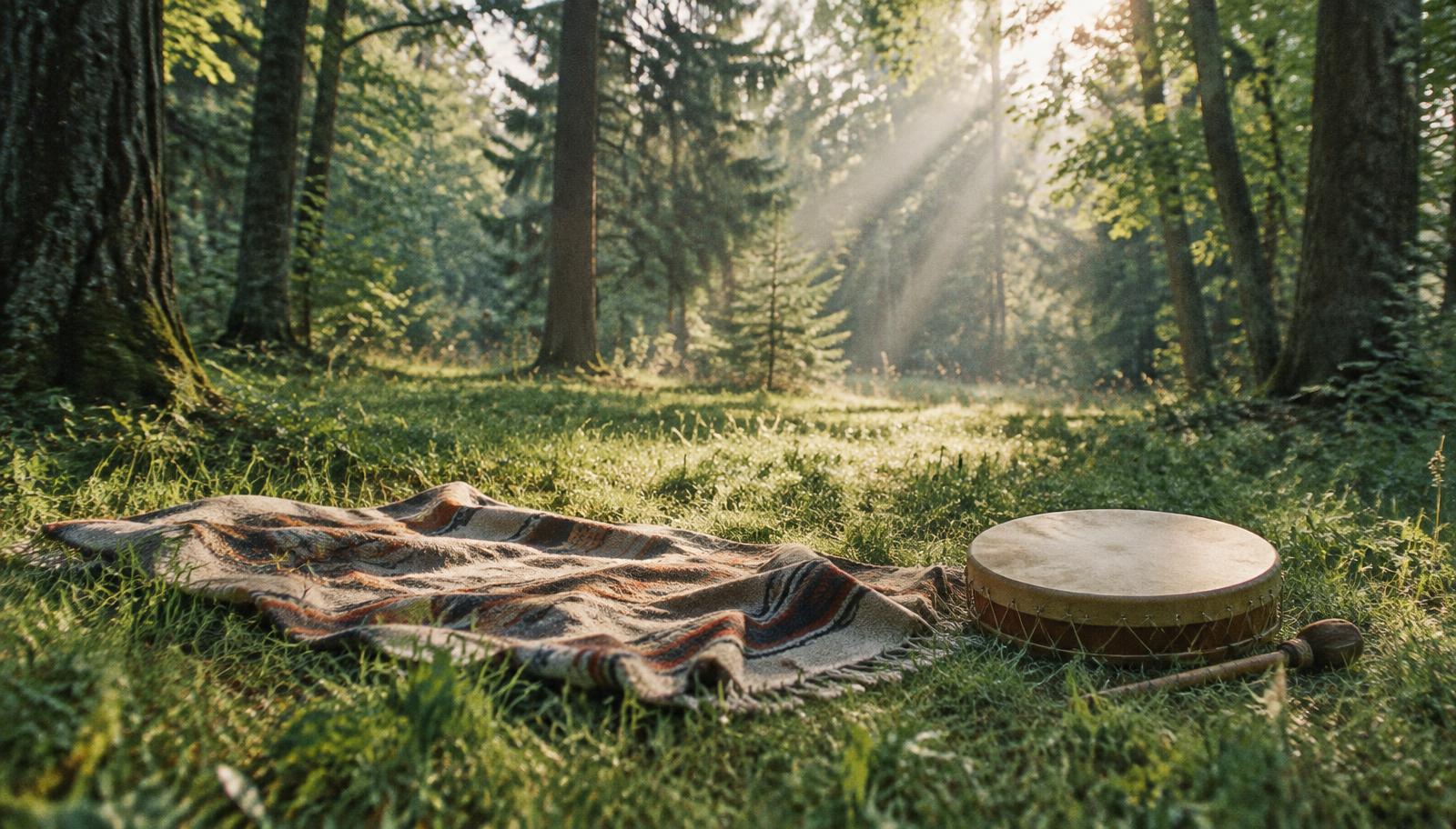 Une clairière au matin, une couverture et un tambour posés dans l'herbe