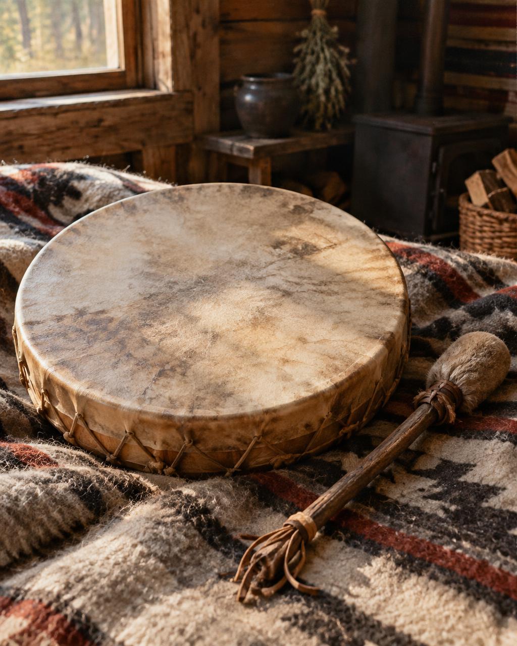 Un tambour chamanique en peau posé sur une couverture de laine, à côté de sa mailloche