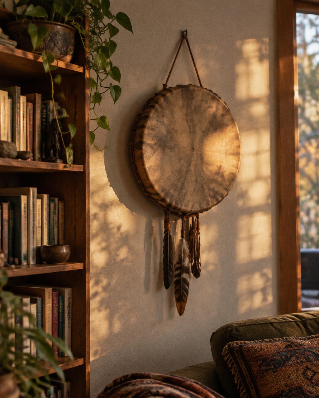 Un tambour accroché au mur d'un salon, près d'une étagère de livres