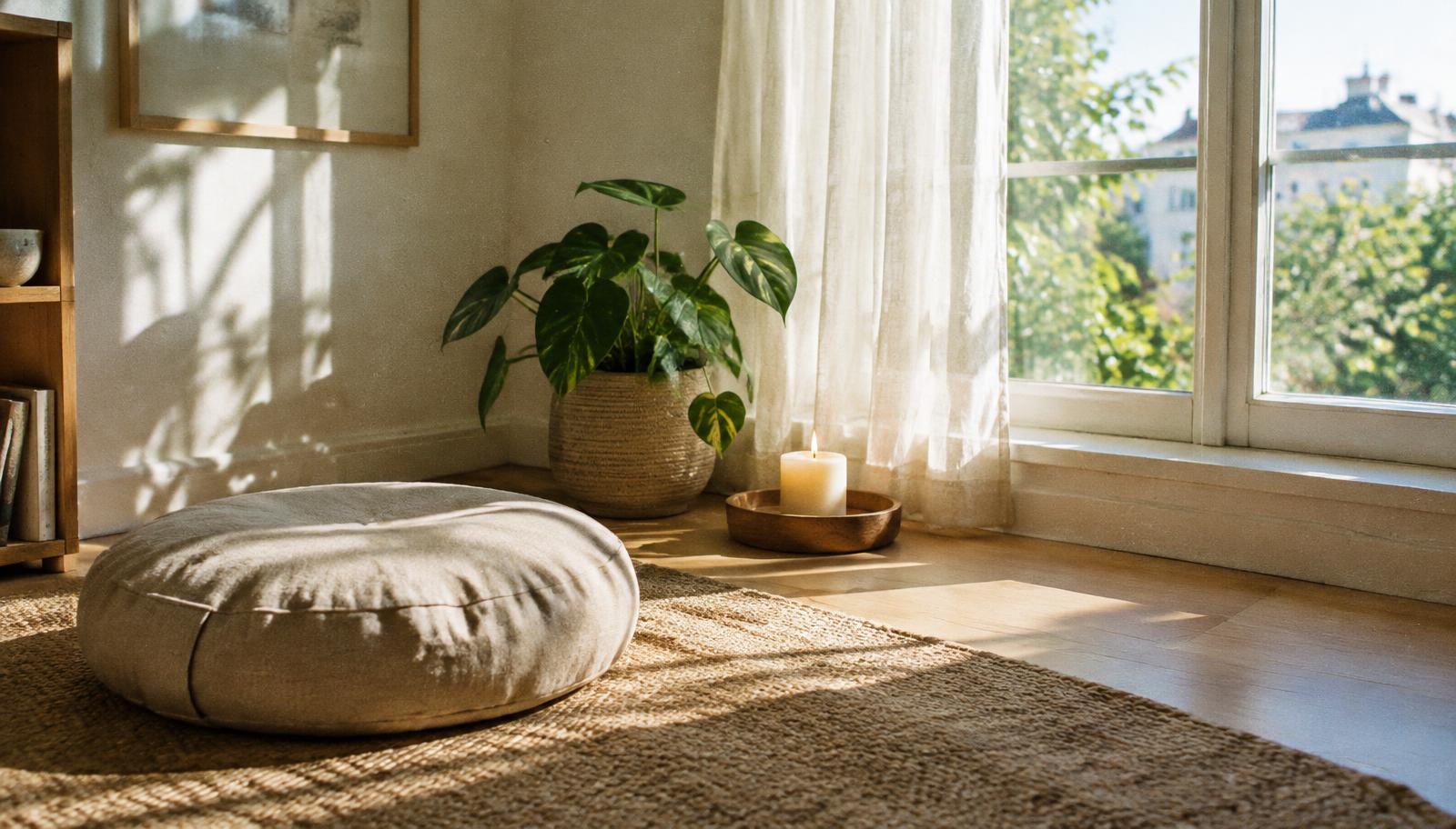 Un coin de méditation clair avec un coussin, une bougie et une plante