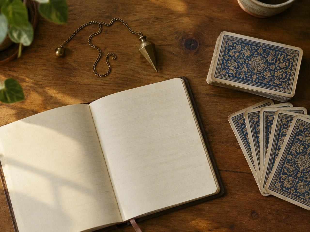 Vue de dessus : un pendule, un carnet et un jeu de cartes sur une table en bois