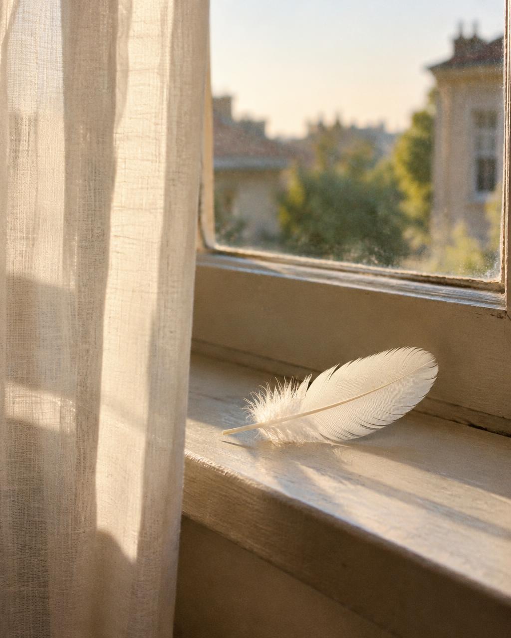 Une plume blanche posée sur le rebord d'une fenêtre au matin