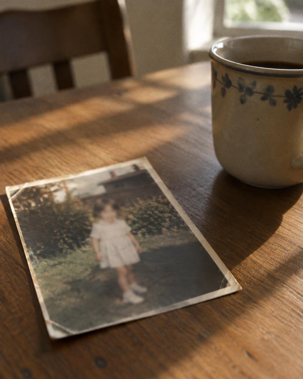Des mains d'adulte tiennent une vieille photo d'enfance, près d'une fenêtre