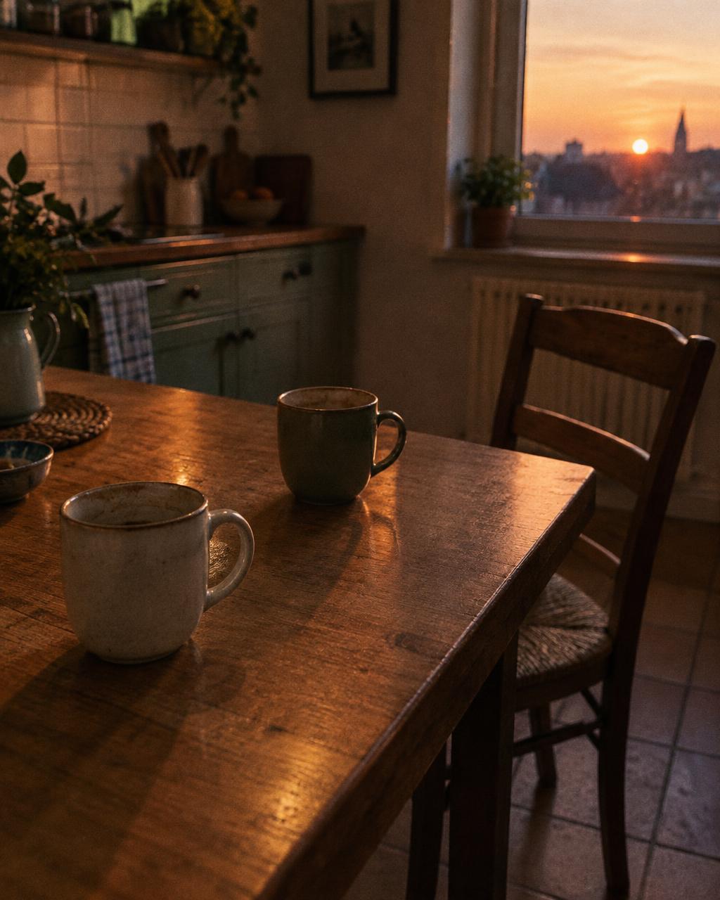 Deux tasses sur une table de cuisine après une discussion, chaises écartées