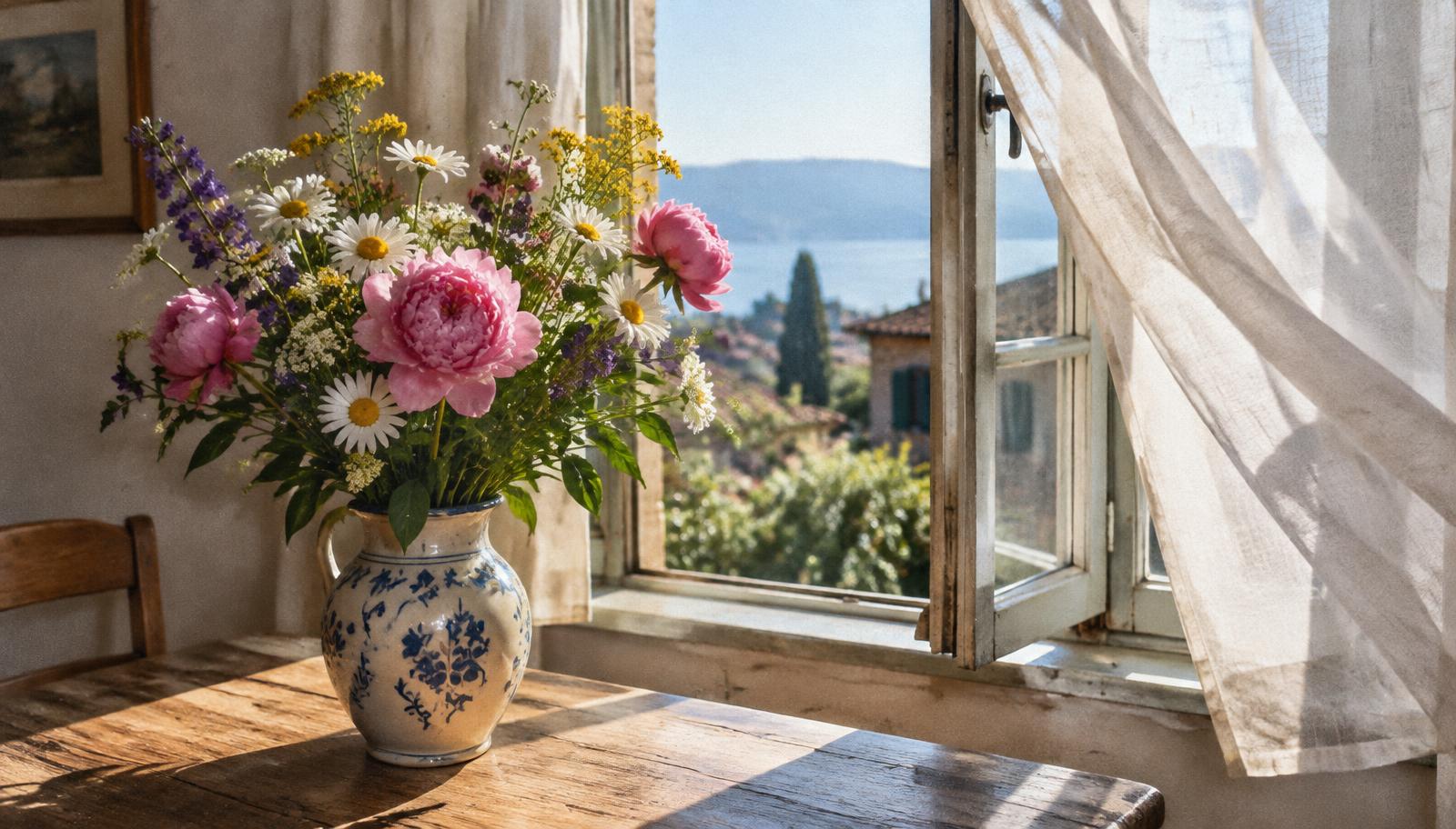 Une chambre claire au matin, draps de lin, fleurs dans un vase