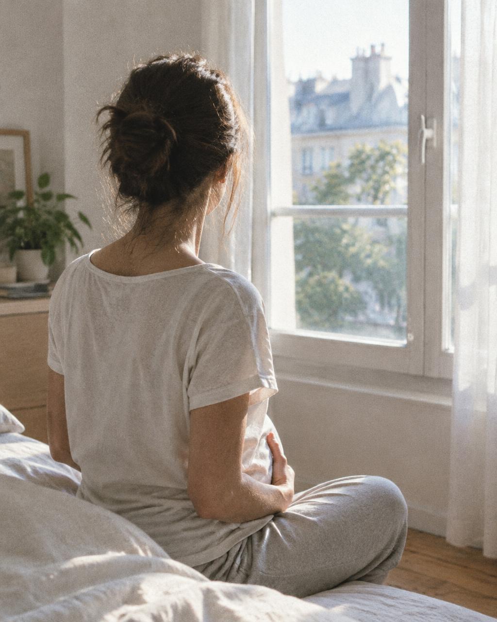 Une femme de dos assise près d'une fenêtre au crépuscule, un châle sur les épaules