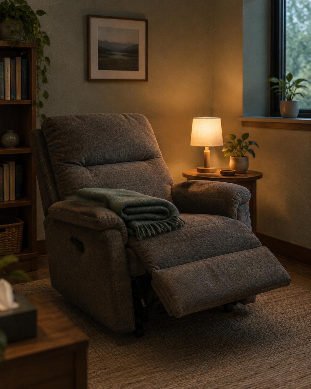 Un fauteuil confortable dans un cabinet calme, une lampe allumée, une couverture pliée