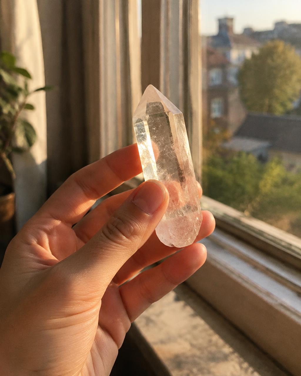Une main tient une pointe de cristal de roche près d'une fenêtre
