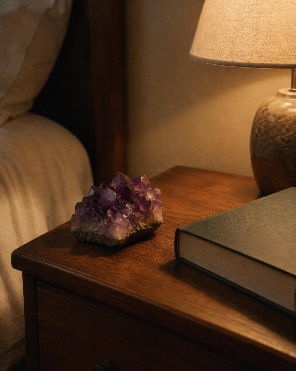 Une améthyste posée sur une table de nuit à côté d'un livre, à la lumière d'une lampe
