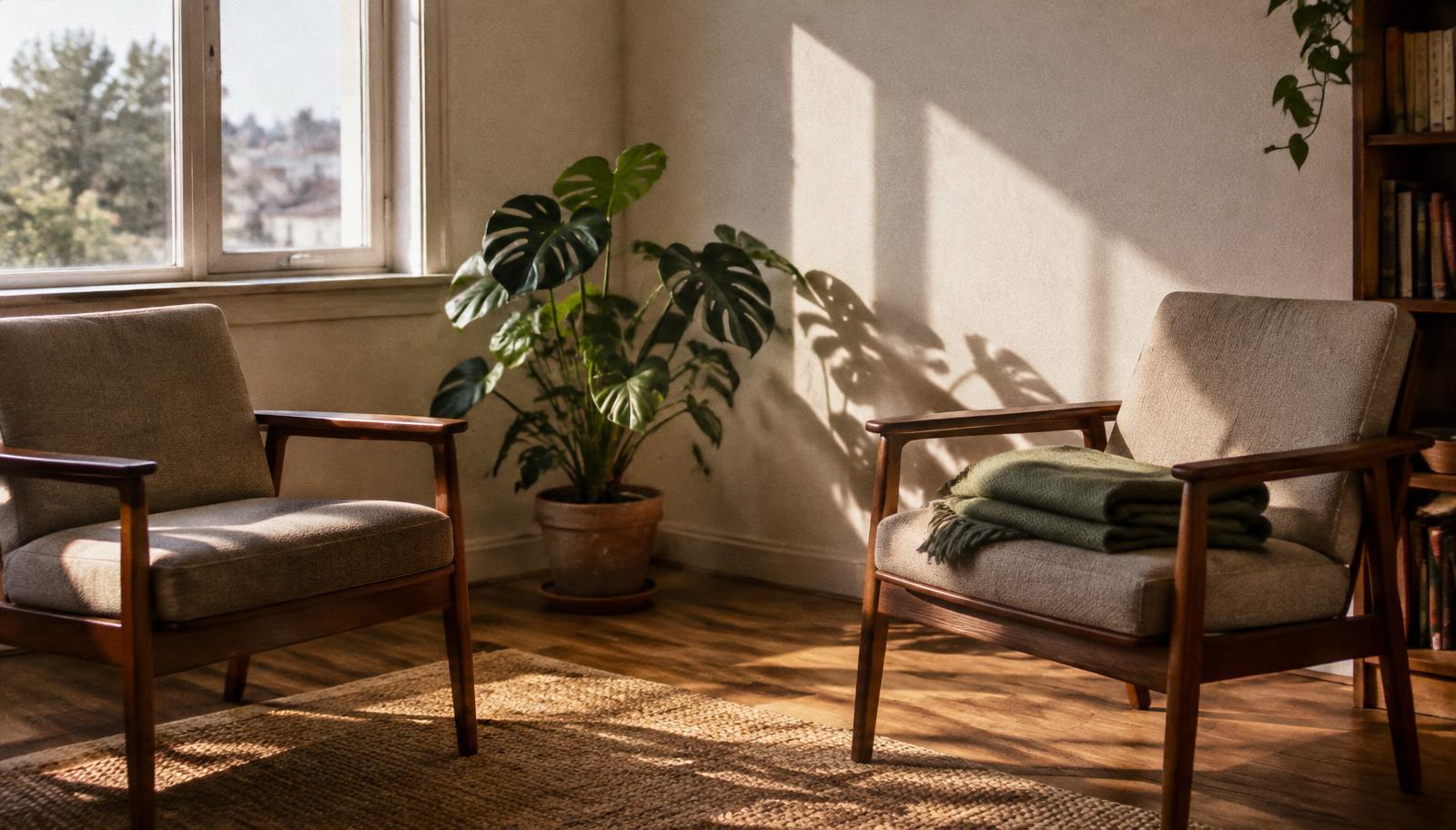 Une pièce calme avec deux chaises, une couverture pliée et une plante
