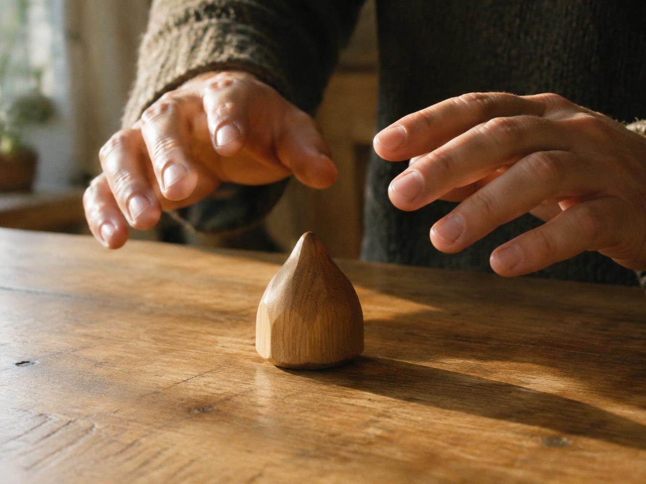 Des mains au-dessus d'un objet en bois posé sur une table, pour en sentir l'énergie