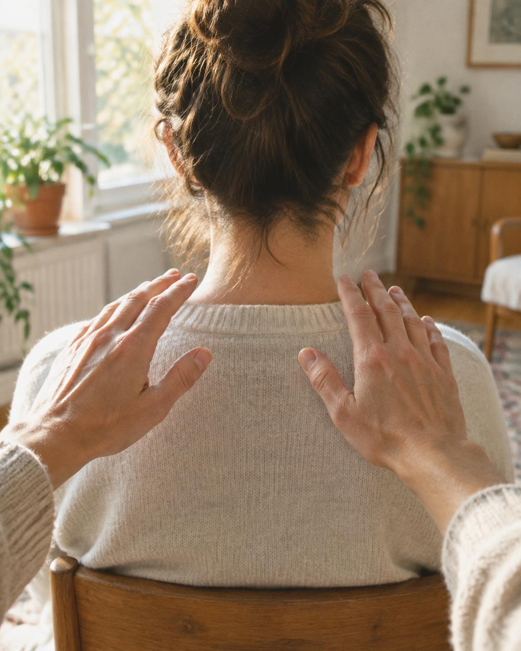 Deux mains ouvertes au-dessus de l'épaule d'une personne assise, vue de dos, dans une pièce claire