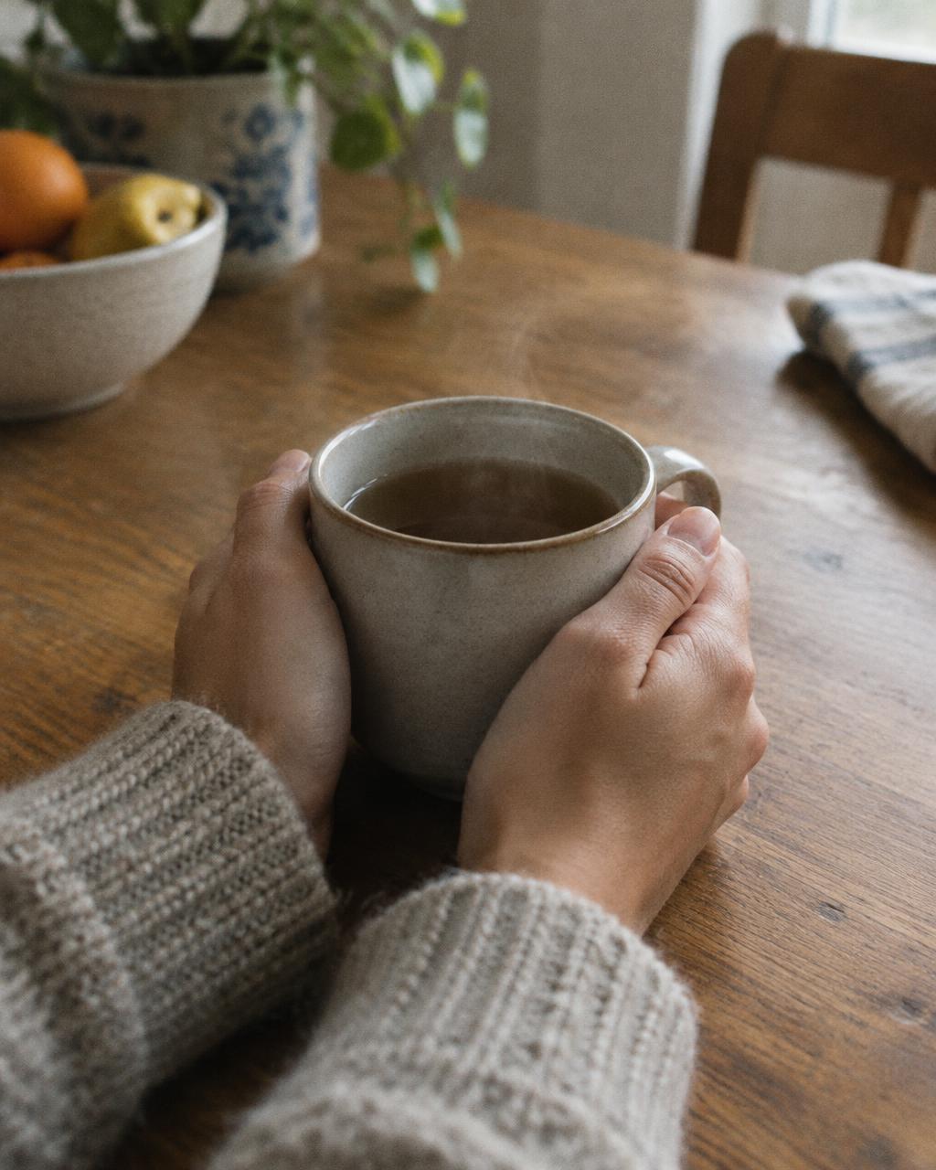 Des mains posées autour d'une tasse chaude sur une table de cuisine