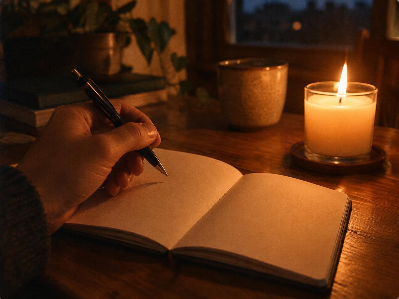 Des mains allument une bougie à côté d'un encens et de pierres