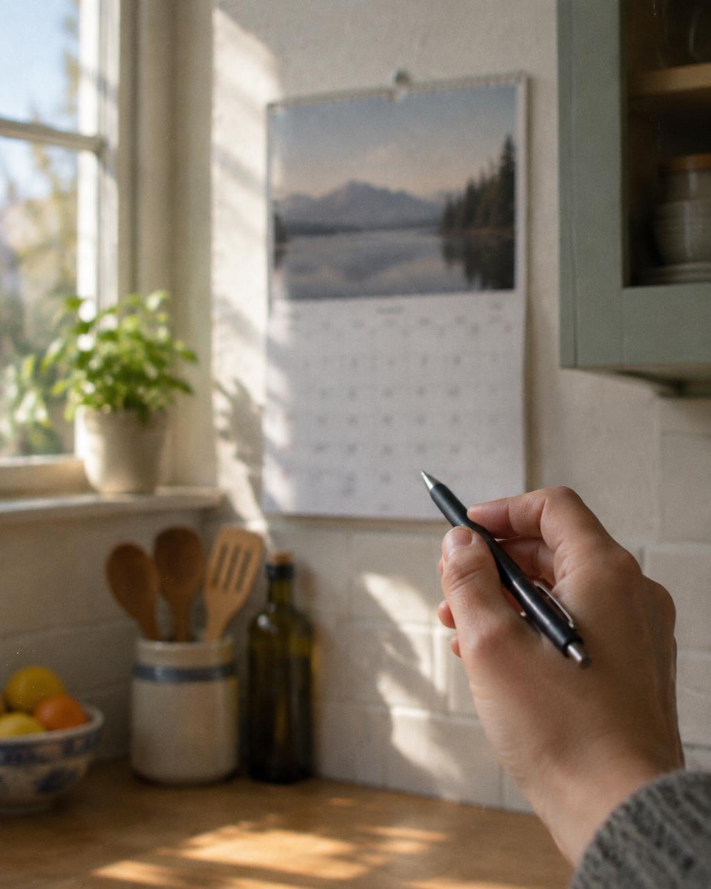 Un calendrier mural dans une cuisine, une date entourée