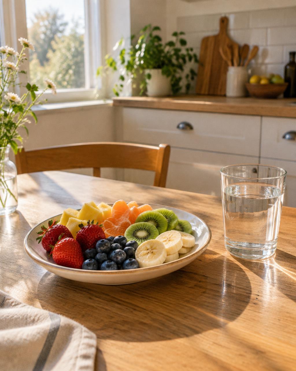 Un bol de fruits frais et un verre d'eau sur une table en bois, lumière du matin