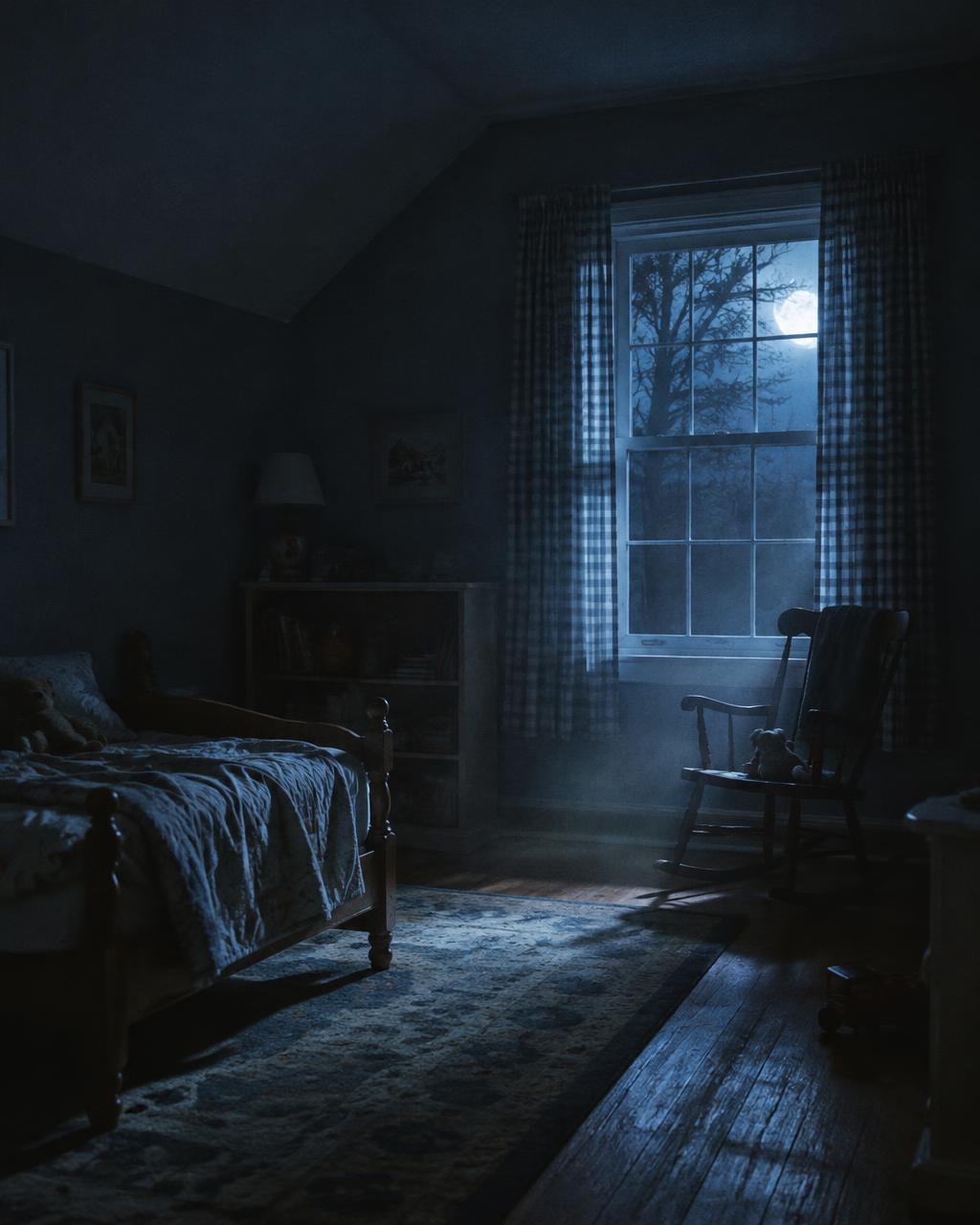 Une chambre d'enfant vide la nuit, une légère brume près d'un fauteuil à bascule