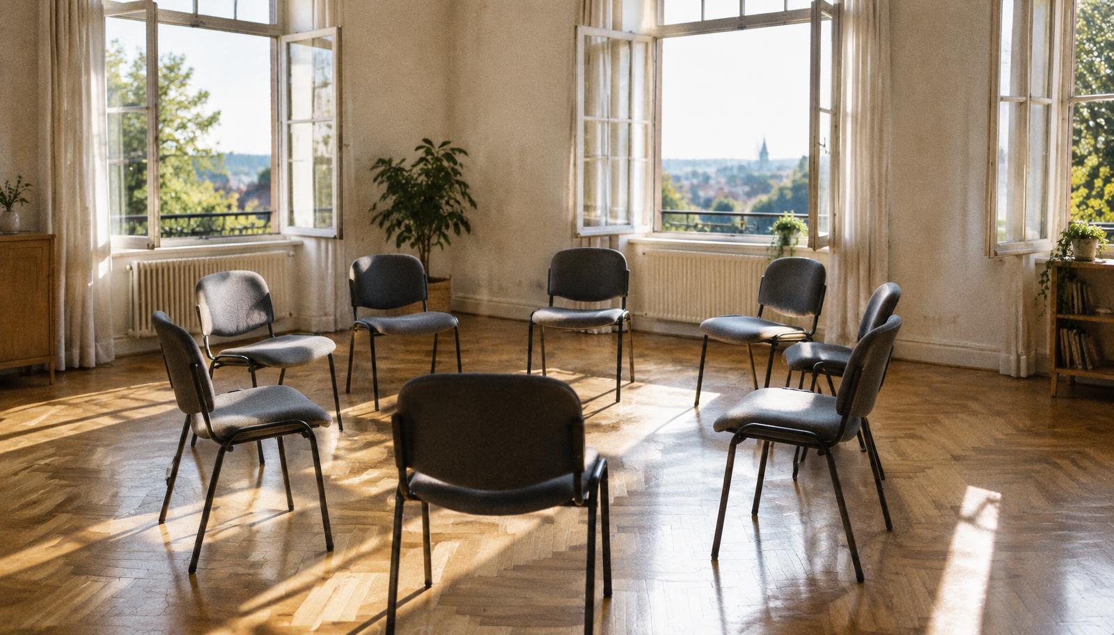 Une pièce lumineuse avec des chaises disposées en cercle