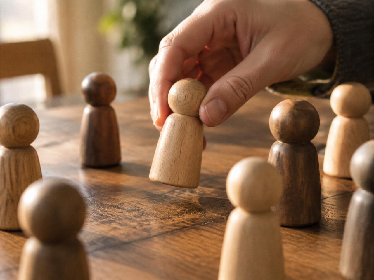 Des mains déplacent une figurine en bois parmi d'autres
