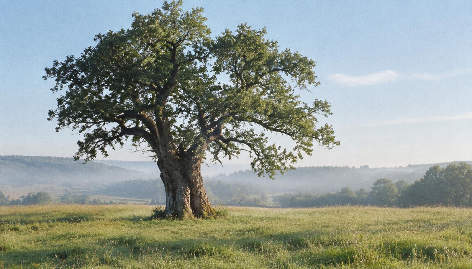 Un grand arbre dans un jardin au matin