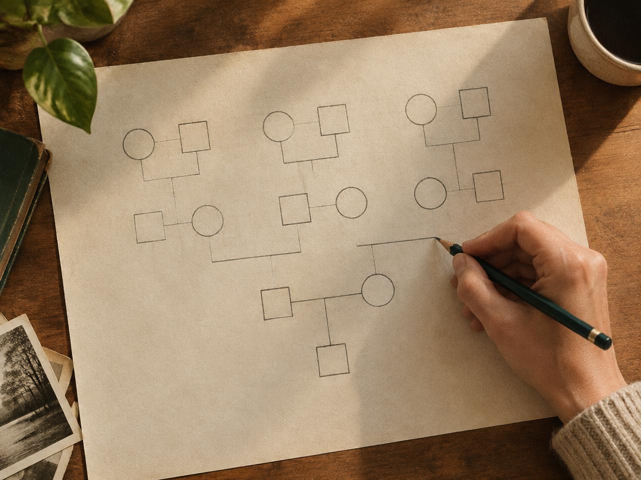 Une main dessine un arbre généalogique au crayon sur une grande feuille