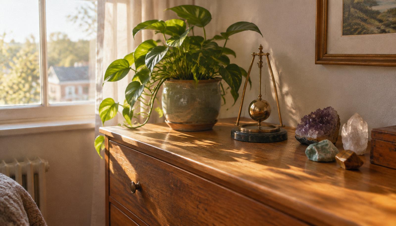 Une pièce calme au matin, un pendule rangé près d'une plante et de quelques minéraux