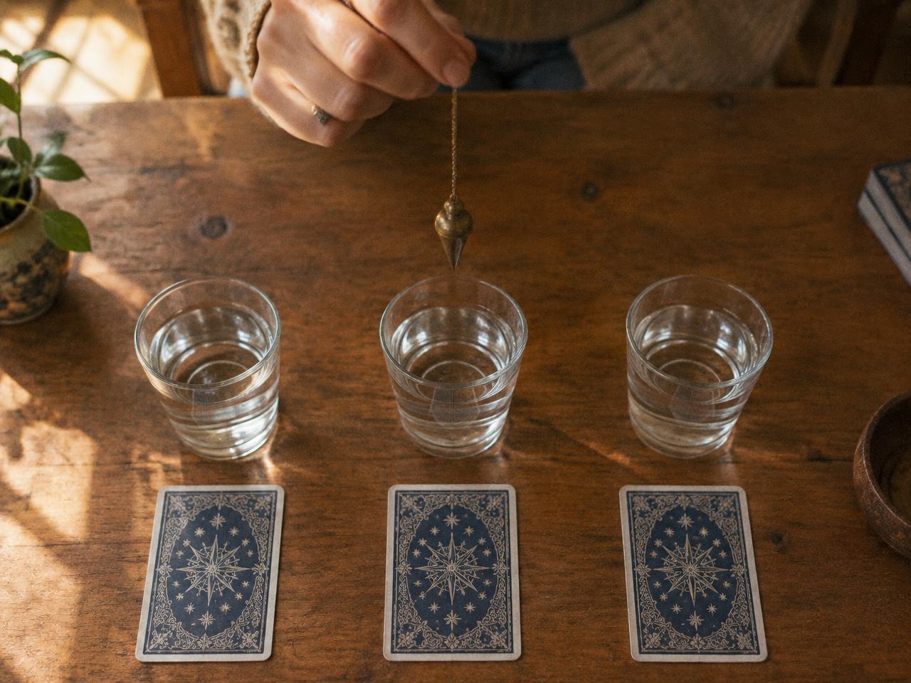 Vue de dessus : un pendule au-dessus de trois verres d'eau et de cartes retournées