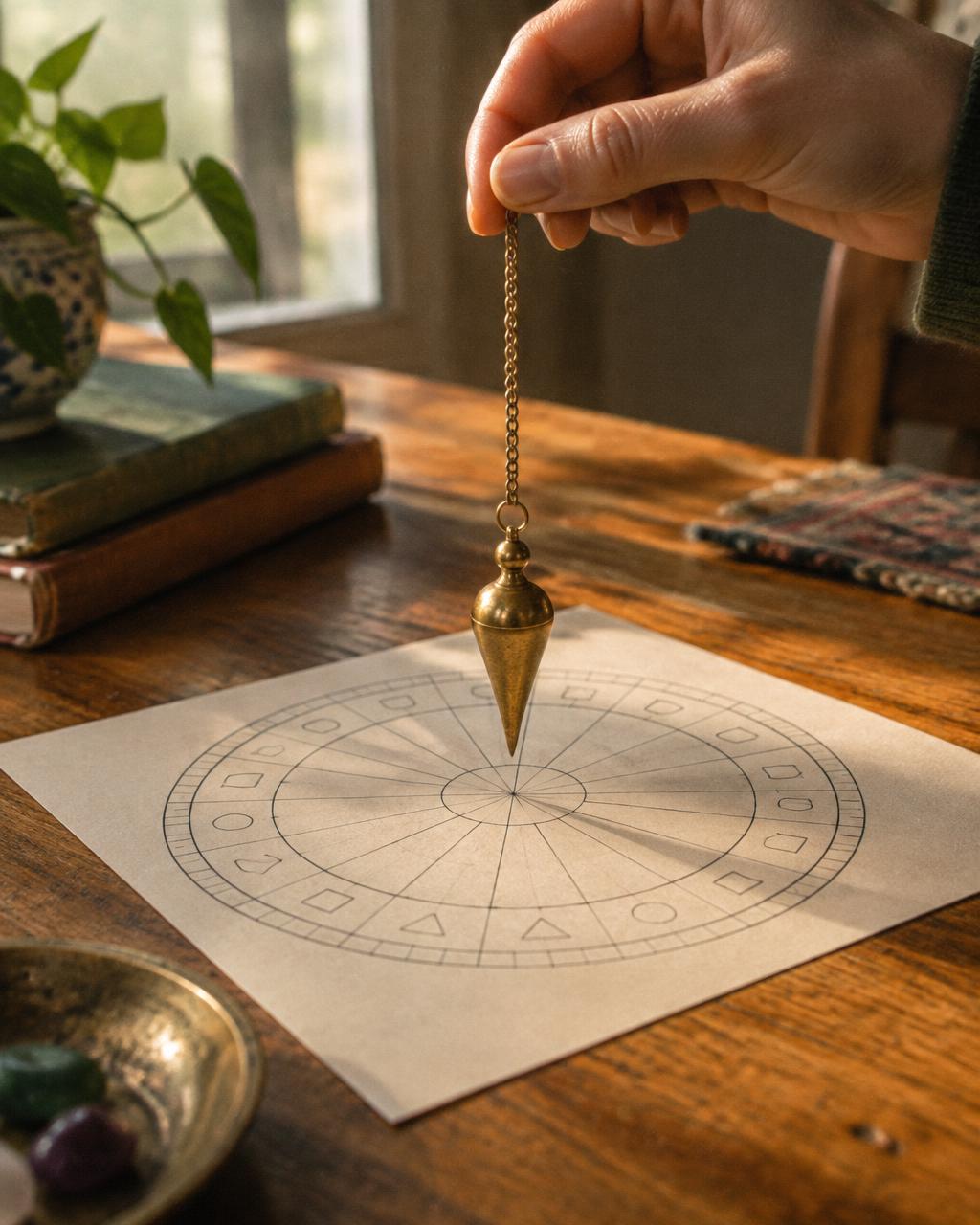 Une main tient un pendule en laiton au-dessus d'un cadran posé sur une table en bois