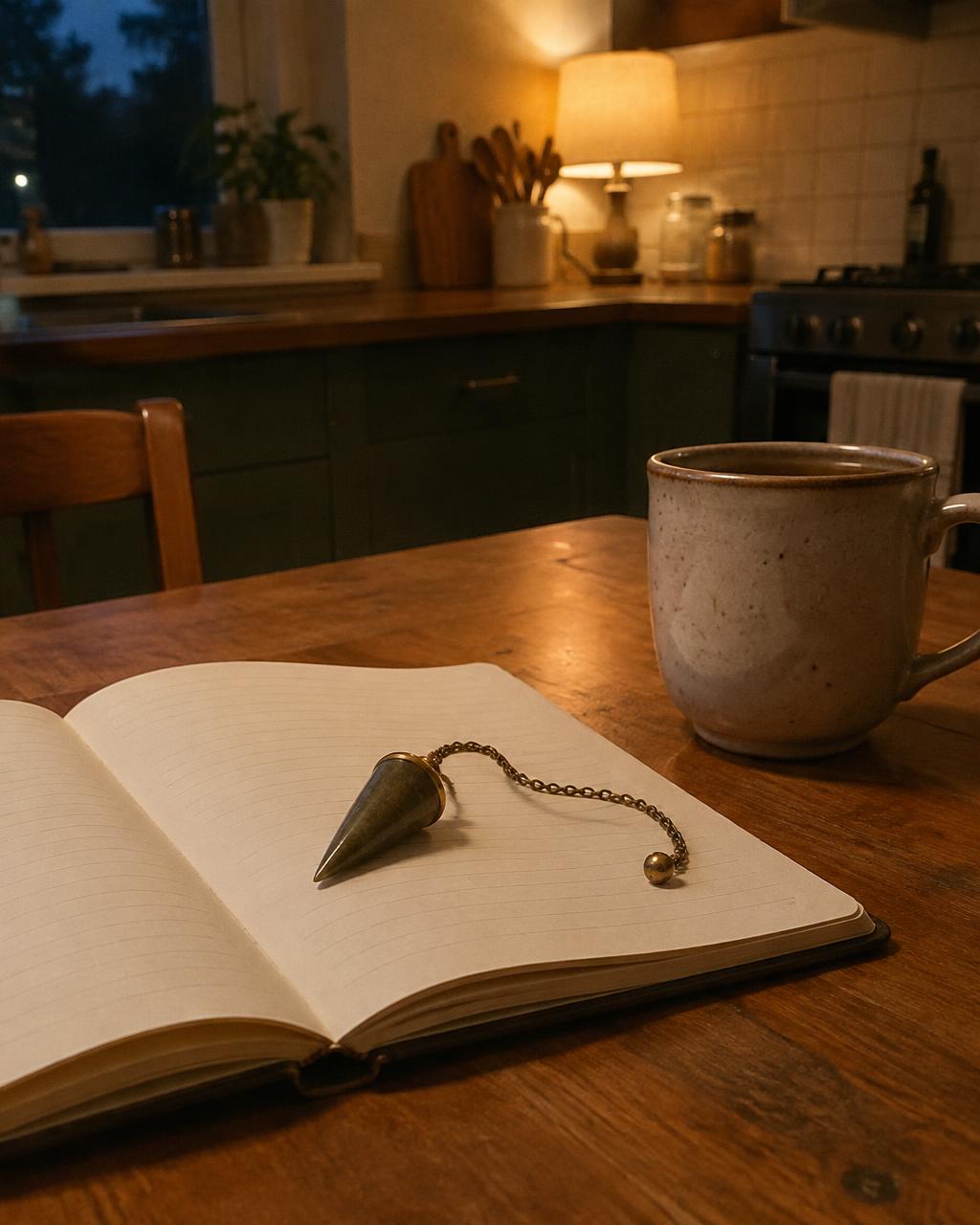 Un pendule posé sur un carnet ouvert à côté d'une tasse, dans une cuisine le soir