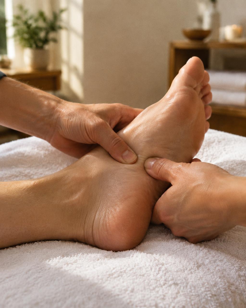 Des mains pressent doucement la voûte d'un pied posé sur une serviette