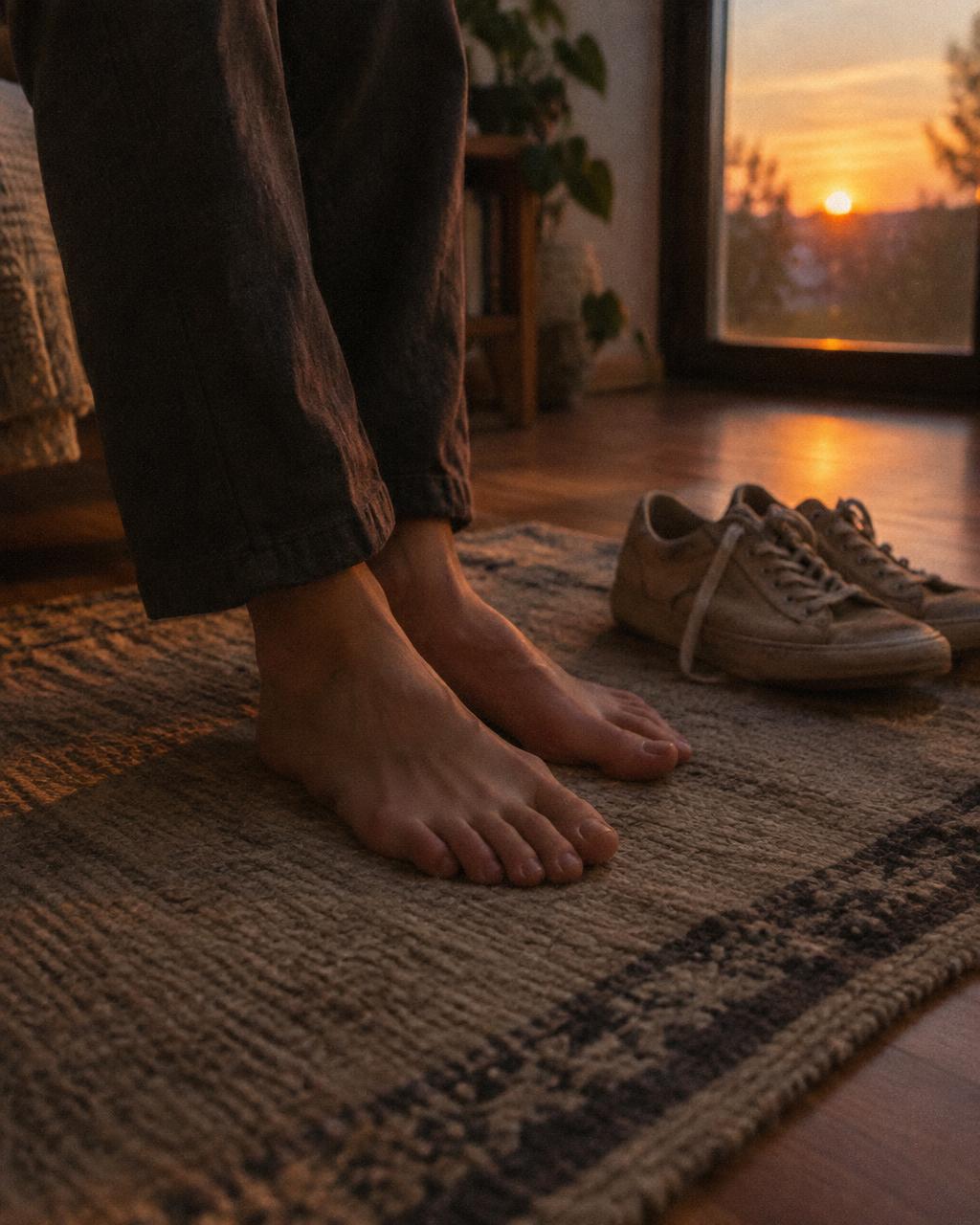 Des pieds nus posés sur un tapis en fin de journée, des chaussures à côté