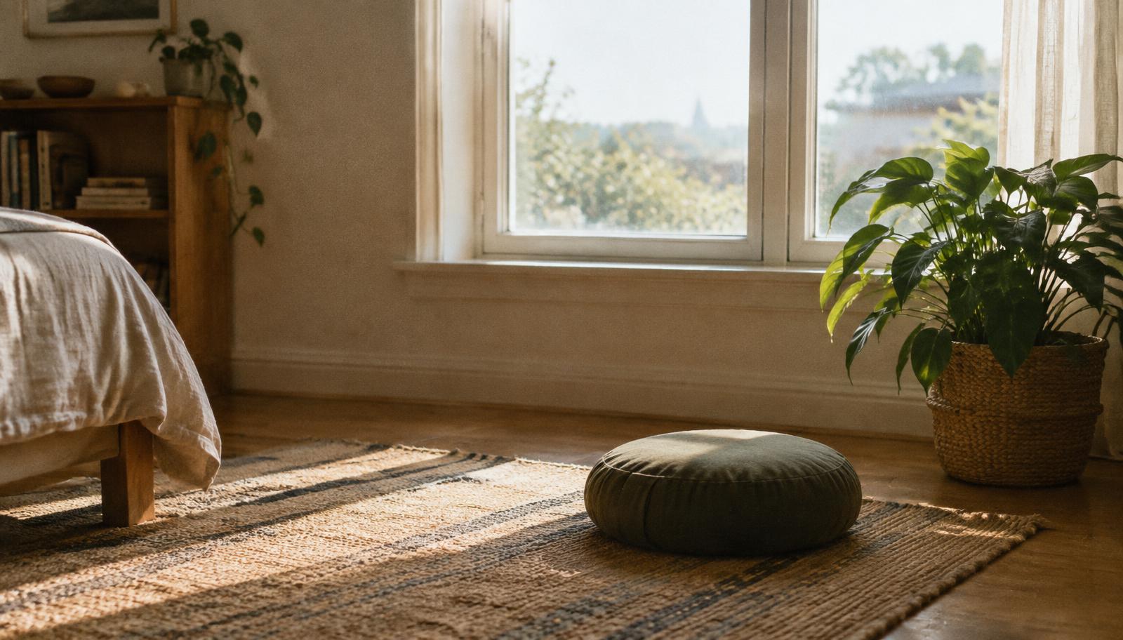Une chambre calme au matin, un tapis, un coussin et une plante