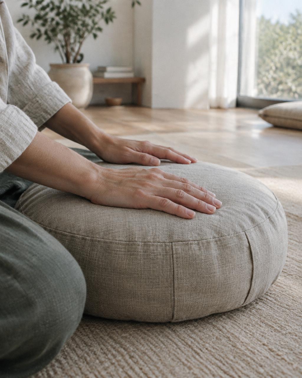 Des mains posées à plat sur un coussin de méditation, dans une pièce claire