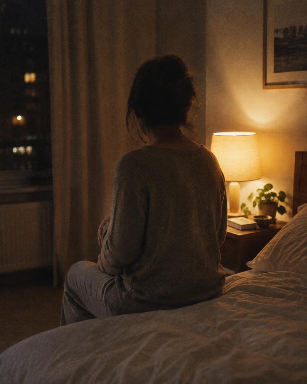 Une personne assise au bord d'un lit le soir, mains posées sur le ventre, vue de dos