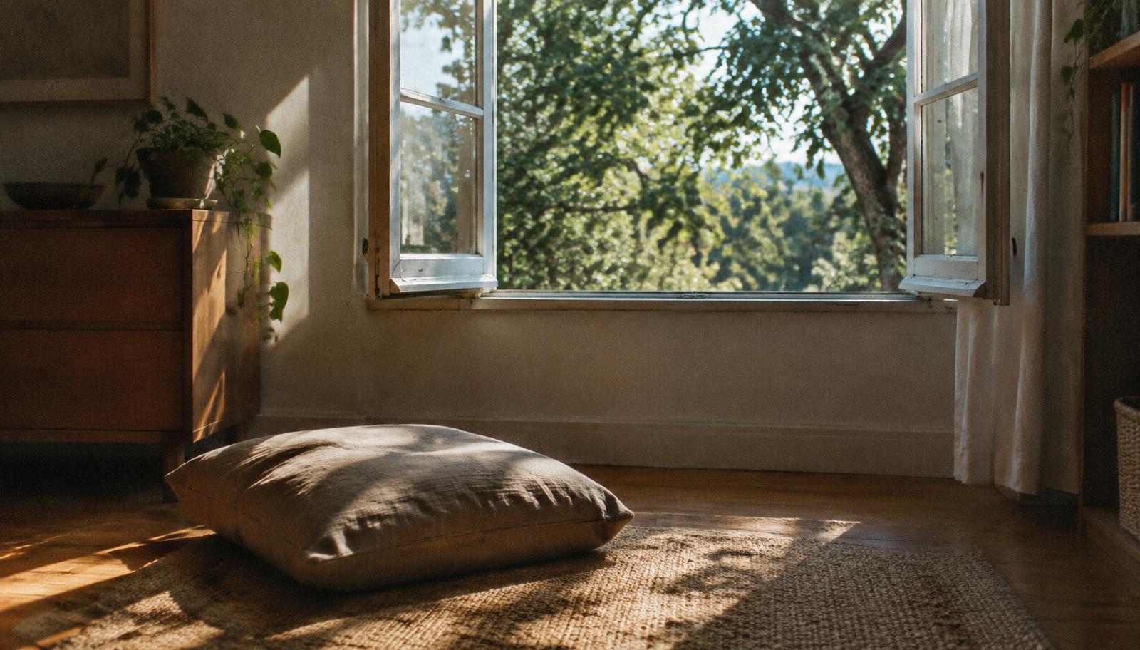 Une pièce paisible au matin, un coussin et une fenêtre ouverte